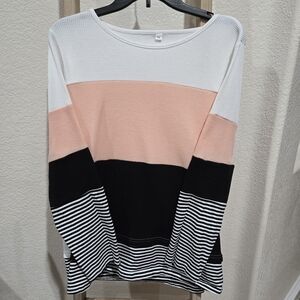 Colorblock Long Sleeve Blouse - White, Pink, and Black